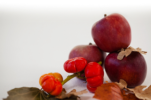 Close-up of red apples and surinam cherry with autumn leaves against white background