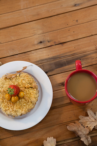 Overhead of breakfast and coffee with autumn leaves