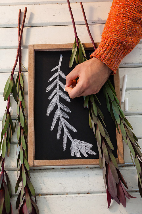 Overhead of hand drawing leaves on slate