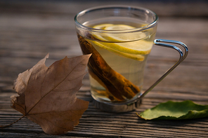 Close up of lemon tea on wooden table
