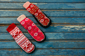 Close up of patterned socks on wooden table