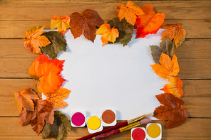 Autumn leaves on paper with watercolor paint on wooden table