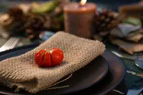 Close up of tomato on burlap in plate at table