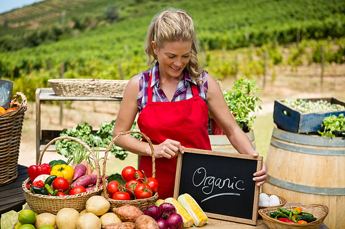 Happy woman holding slate with text at vegetable stall in vineyard