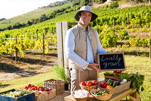 Portrait of happy man standing with slate at vegetable stall in vineyard
