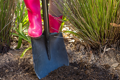 Low section of woman digging soil with shovel in garden on a sunny day