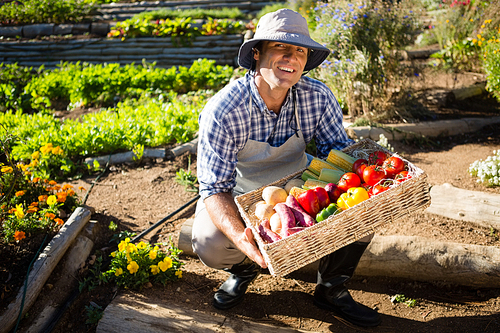 Portrait of happy man holding a basket of fresh vegetables in farm