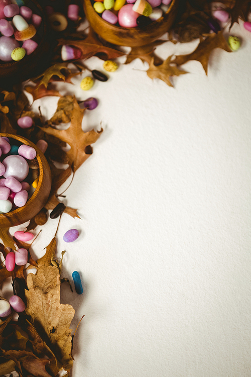 Overhead view of candies with autumn leaves over white background