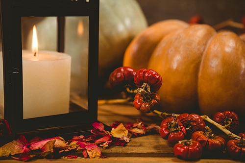 close up of pumpkins by candle on table during