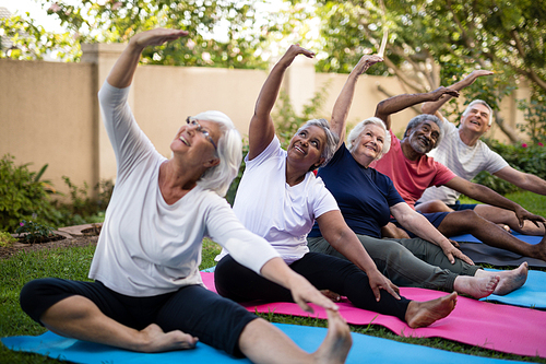 Senior people with arms raised exercising while looking up at park