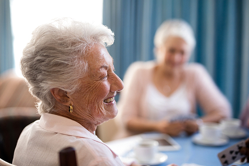 Happy senior woman sitting with friends at table in nursing home