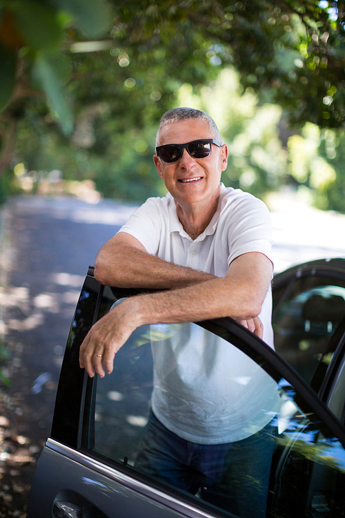 Portrait of smiling senior man leaning on car door