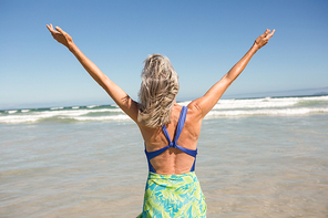 Rear view of senior woman with arms outstretched standing on shore at beach