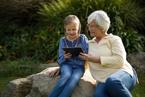 Smiling granddaughter and grandmother using digital tablet in garden on a sunny day