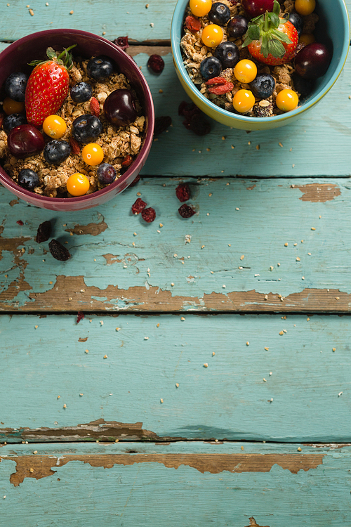 Overhead of breakfast cereals with fruits on wooden table
