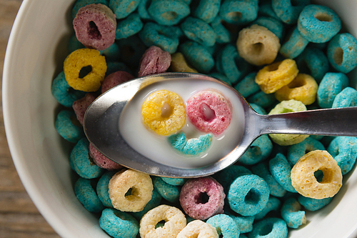Close-up of cereal rings soaked in milk