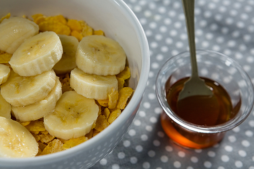 Bowl of fruit cereals with honey bee on polka dot