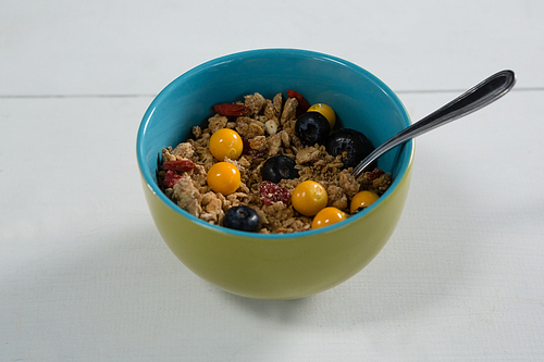 Bowl of breakfast cereals with spoon on white background