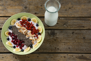 Close-up of healthy breakfast and milk on wooden table