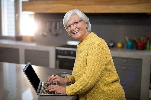 Portrait of smiling senior woman using laptop in kitchen