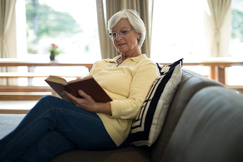 Senior woman reading book on sofa in living room at home