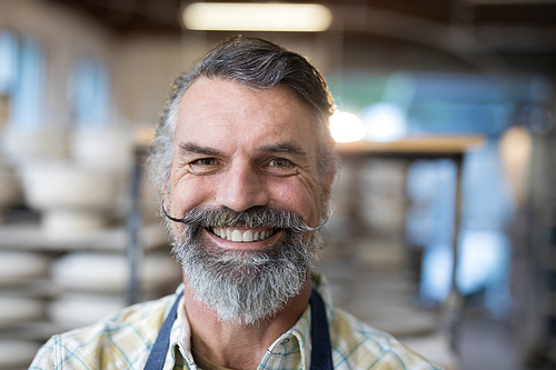 Portrait of happy male potter standing in pottery workshop
