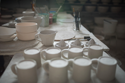 Various pottery equipment on worktop