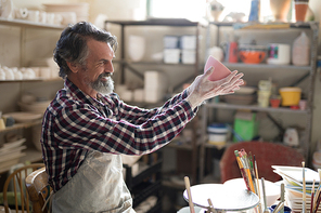 Male potter looking at painted bowl in pottery workshop