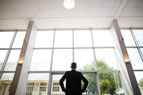 Rear view of a businessman standing in conference centre