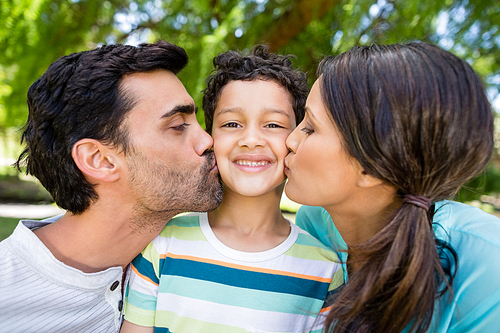 Smiling boy being kissed by his parents in park