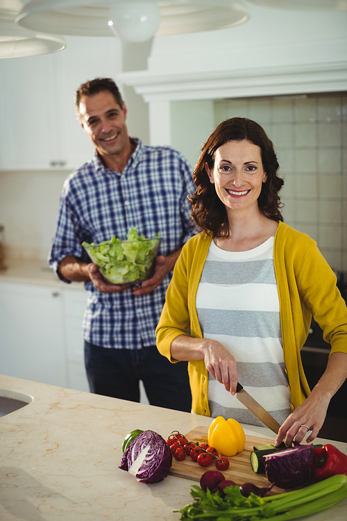 Portrait of smiling couple chopping vegetables in the kitchen at home