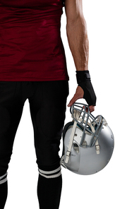 Cropped image of football player holding helmet against white background