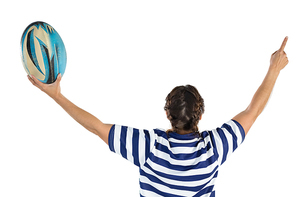 Rear view of female rugby player with arms raised against white background