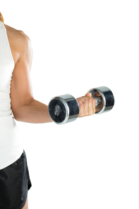 Cropped image of female player exercising with dumbbell against white background