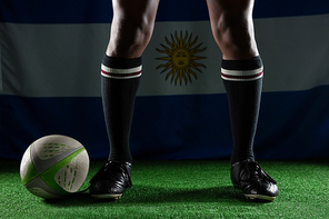 Low section of rugby player standing on field against Argentinian Flag