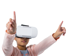Girl gesturing while using virtual reality headset against white background