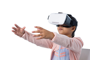 Girl using virtual reality headset against white background