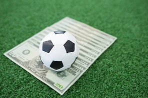 Footballs and currency notes arranged on artificial grass