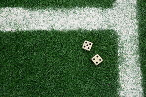 Close-up of two dices on artificial grass