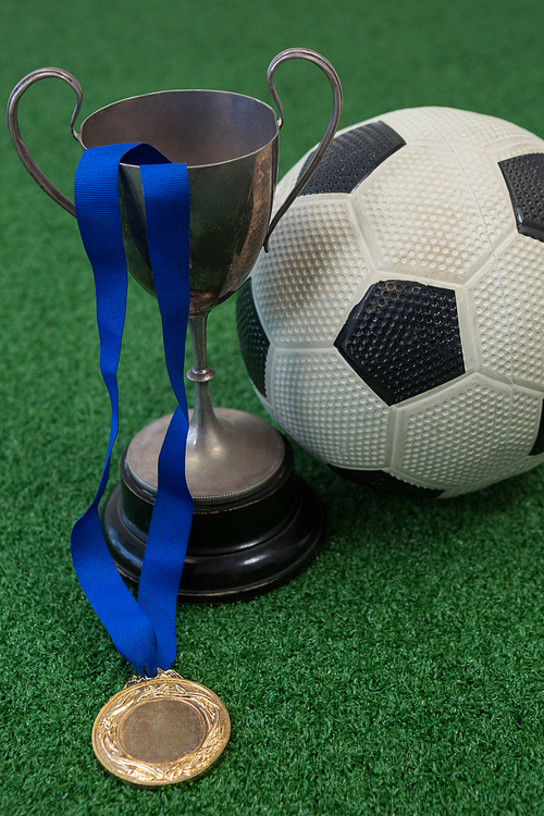 Close-up of football, trophy and medal on artificial grass