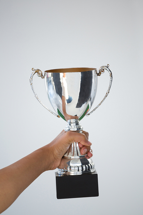 Close-up of hand holding a trophy against white background