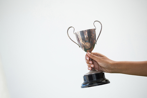 Close-up of hand holding a trophy against white background