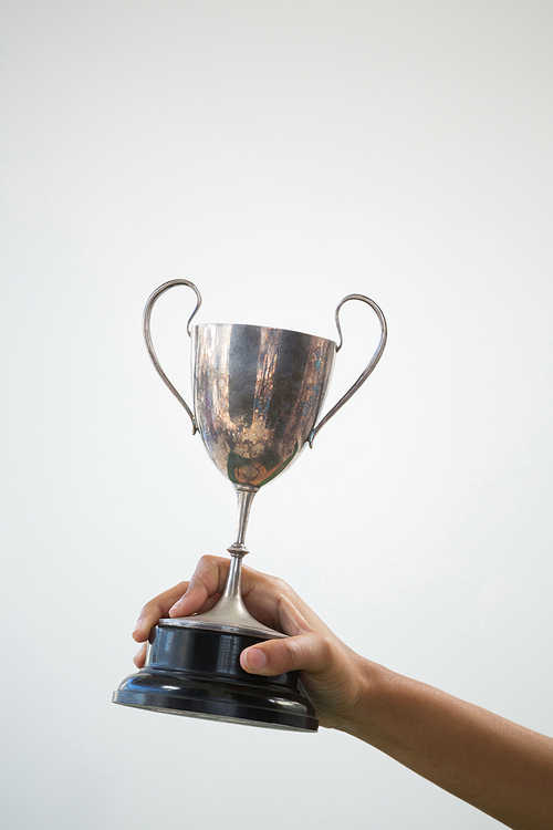 Close-up of hand holding a trophy against white background