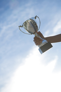 Close-up of hand holding a trophy against sky and cloud