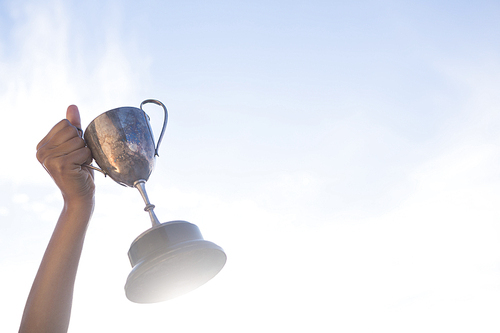 Close-up of hand holding a trophy against sky and cloud