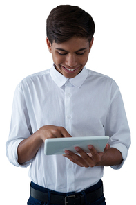 Boy using digital tablet against white background