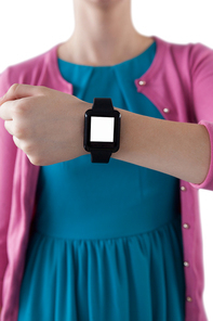 Mid section of teenage girl showing her smartwatch