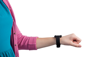 Mid section of teenage girl showing her smartwatch