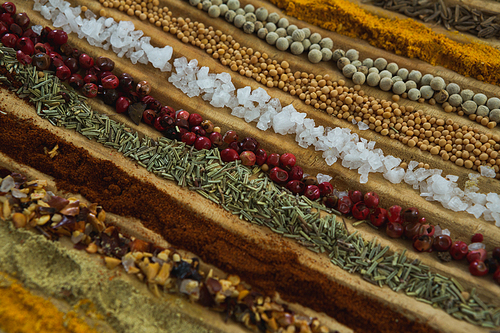 Overhead of various spices arranged in row