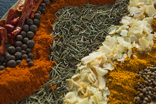 Close-up of various spices arranged in row